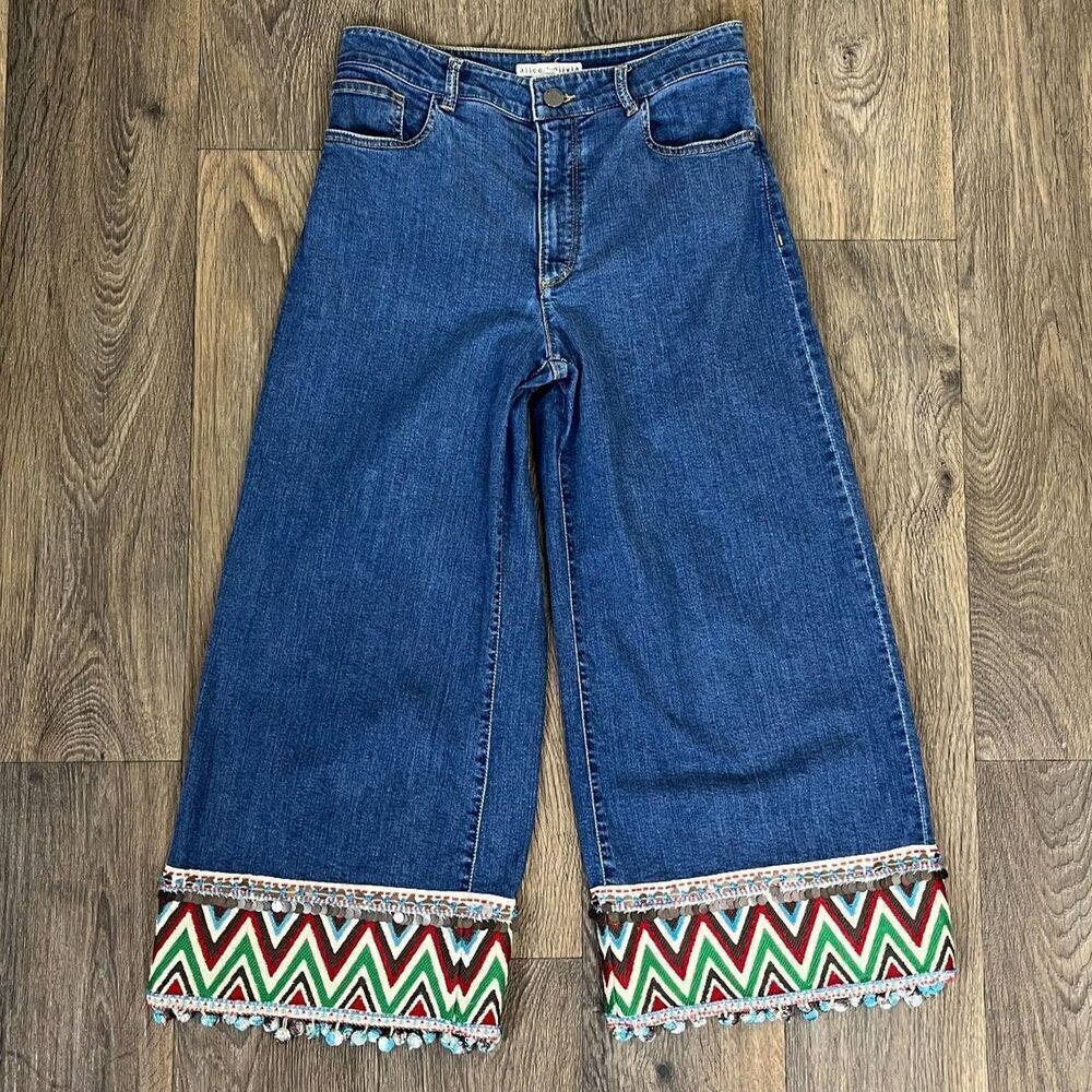 Alice + Olivia Women's Size 28 Beta Embroidered Wide Leg Cropped Denim Jean Boho